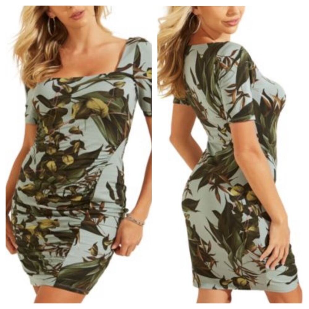 NEW GUESS Dress Floral Blue/Green Shirred Short Sleeve Bodycon Mini Stretch XS